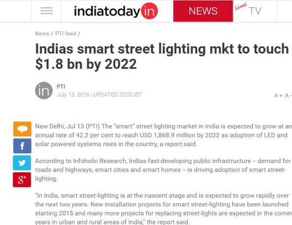 India Today Covered Infoholic Research's Report Smart Street Lighting Market